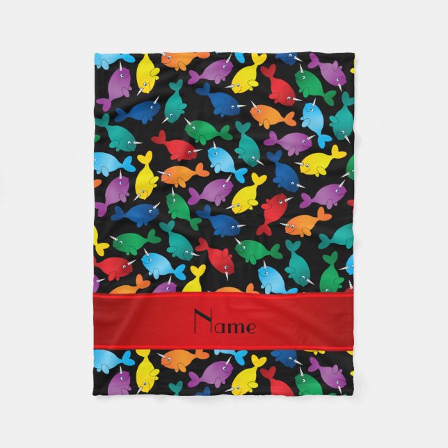 Personalised name black rainbow narwhals fleece blanket (Front)