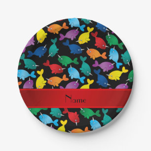 Personalised name black rainbow narwhals paper plate