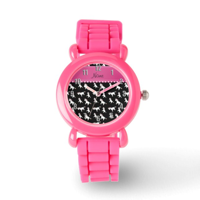 Personalised name black rainbow unicorns watch (Front)