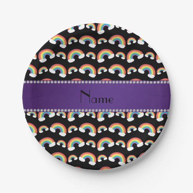 Personalised name black rainbows pattern paper plate (Front)