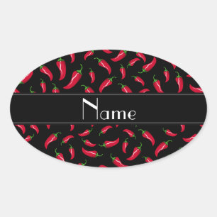 Personalised name black red chilli pepper oval sticker