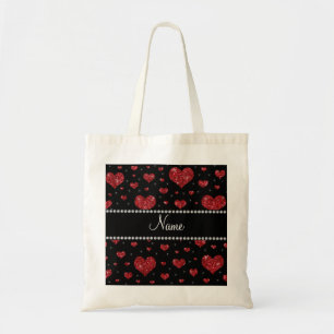 Personalised name black red glitter hearts tote bag