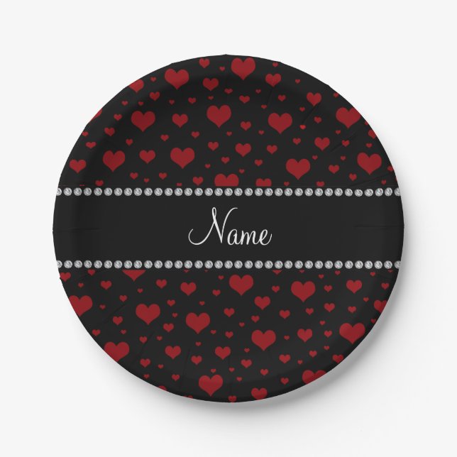 Personalised name black red hearts paper plate (Front)