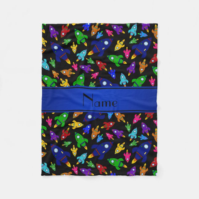 Personalised name black rocket ships fleece blanket (Front)