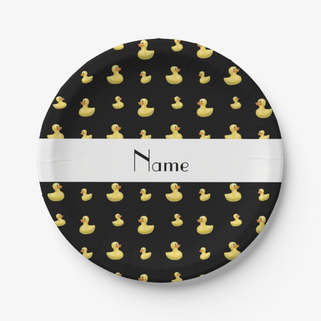 Personalised name black rubber duck pattern paper plate (Front)