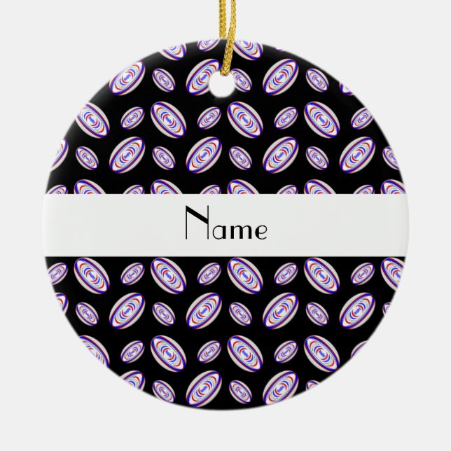 Personalised name black rugby balls ceramic tree decoration (Front)