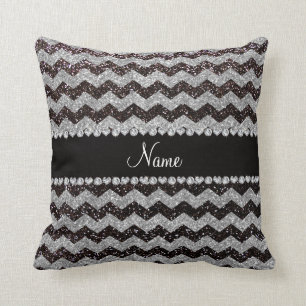 Personalised name black silver glitter chevrons cushion
