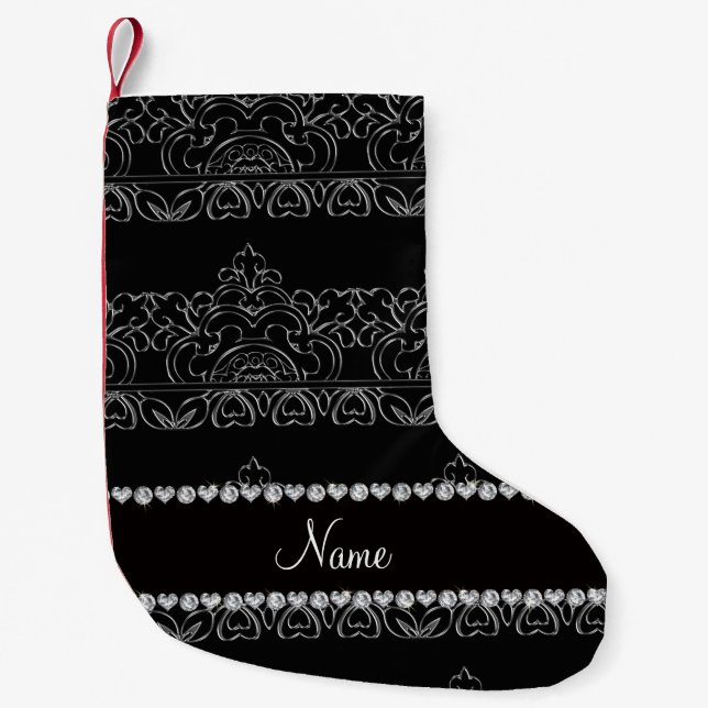Personalised name black silver lace small christmas stocking (Front)