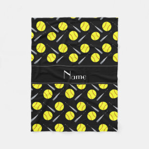 Personalised name black softball pattern fleece blanket