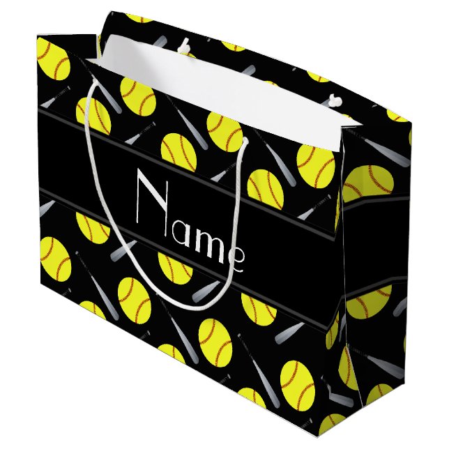 Personalised name black softball pattern large gift bag (Back Angled)