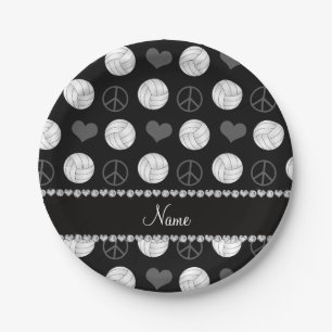 Personalised name black volleyballs peace hearts paper plate