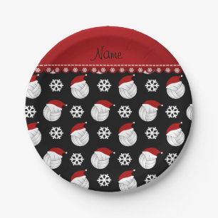 Personalised name black volleyballs santa hats paper plate