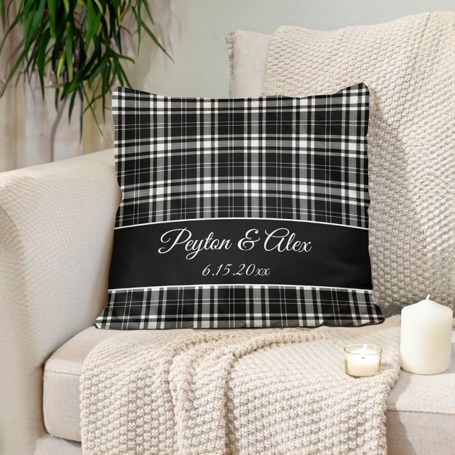 Personalised Name Black White Buffalo Check  Cushion (Personalized names/established date black white checkered, buffalo plaid pillow)