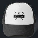 Personalised Name Black White Golf Ball And Clubs Trucker Hat<br><div class="desc">Personalise the name to create a great golf gift and keepsake. Designed by Thisisnotme©</div>