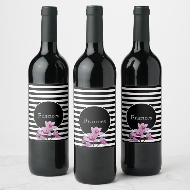 Personalised Name Black & White Stripe w Orchids Wine Label (Bottles)