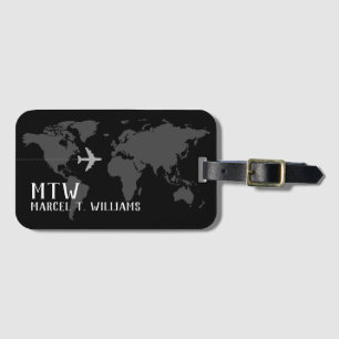 Personalised name Black worldmap travel Luggage Tag