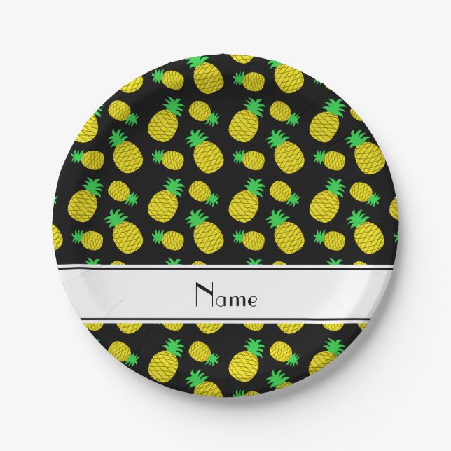 Personalised name black yellow pineapples paper plate (Front)
