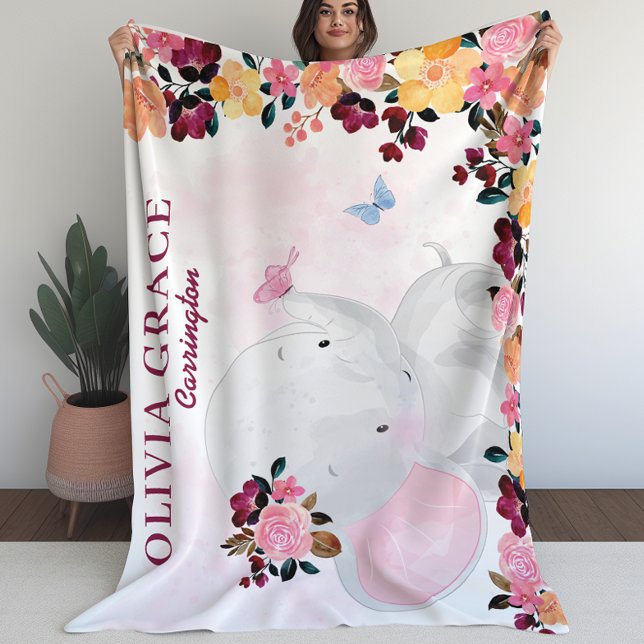 Personalised Name Blanket with Elephant + Flowers (Personalized Name Blanket with Elephant + Flowers (L))
