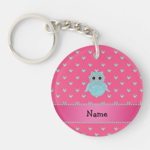 Personalised name bling owl diamonds pink hearts key ring