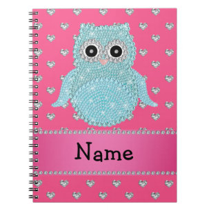 Personalised name bling owl diamonds pink hearts notebook