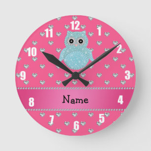 Personalised name bling owl diamonds pink hearts round clock