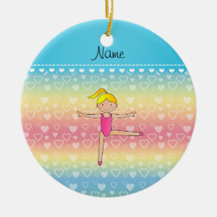 Personalised name blonde gymnast rainbow hearts ceramic ornament