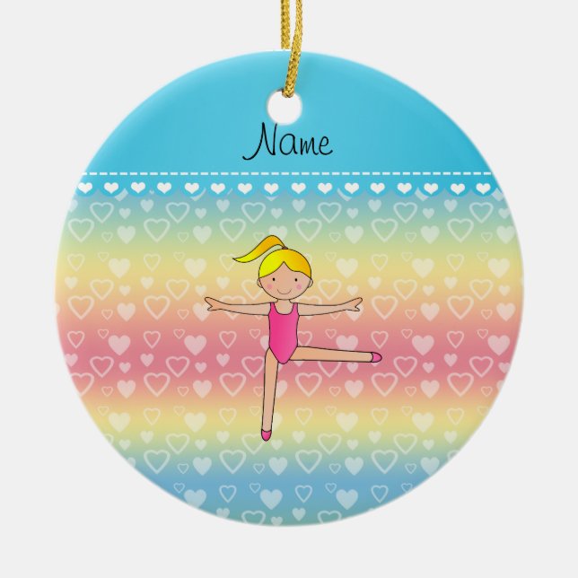 Personalised name blonde gymnast rainbow hearts ceramic ornament (Front)