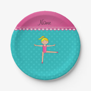 Personalised name blonde gymnast turquoise dots paper plate