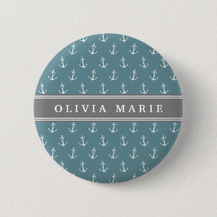 Personalised Name Blue Anchor Pattern 6 Cm Round Badge