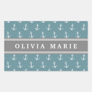 Personalised Name Blue Anchor Pattern Rectangular Sticker