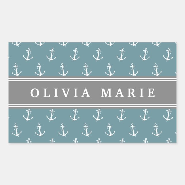 Personalised Name Blue Anchor Pattern Rectangular Sticker (Front)