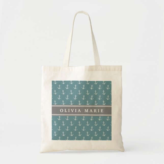 Personalised Name Blue Anchor Pattern Tote Bag (Front)