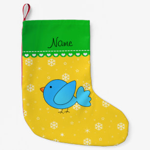 Personalised name blue bird yellow snowflakes small christmas stocking