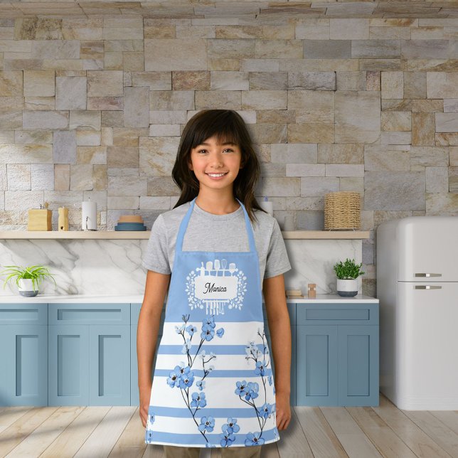 Personalised Name Blue Blossoms Striped Design Apron (Creator Uploaded)
