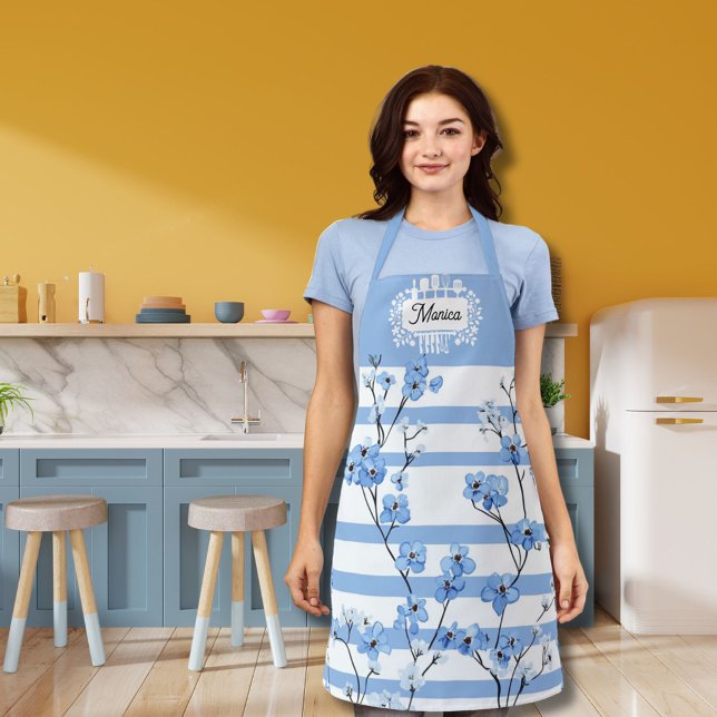Personalised Name Blue Blossoms Striped Design Apron (Creator Uploaded)