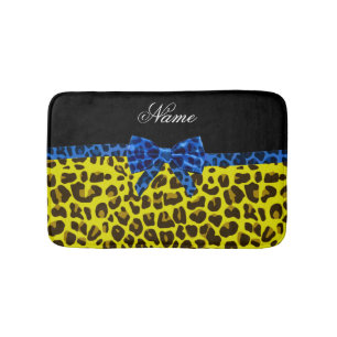 Personalised name blue bow yellow leopard bath mat