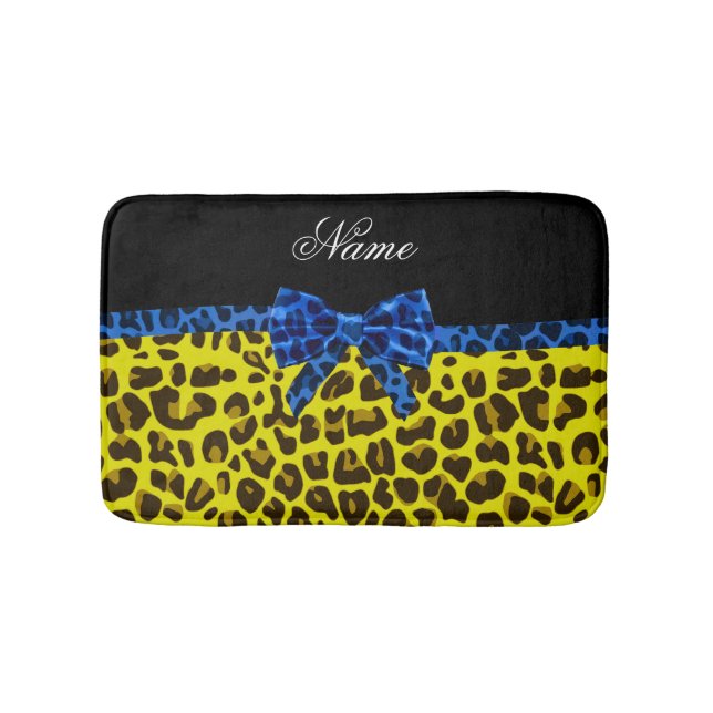 Personalised name blue bow yellow leopard bath mat (Front)