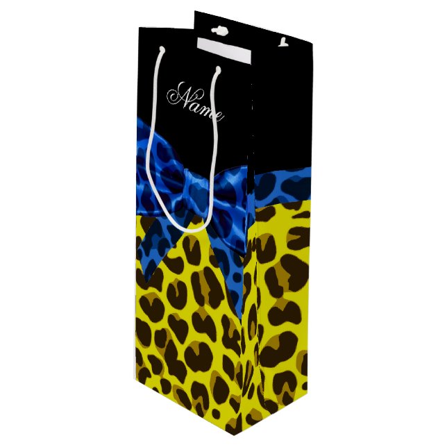 Personalised name blue bow yellow leopard wine gift bag (Front Angled)