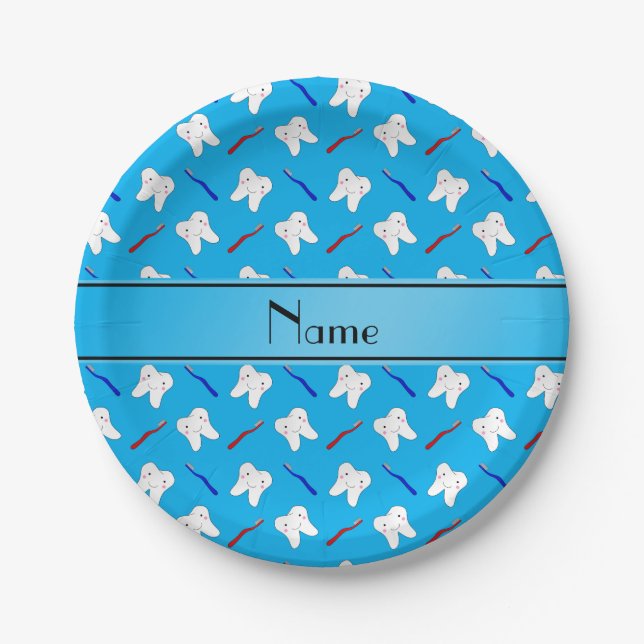Personalised name blue brushes and tooth pattern paper plate (Front)