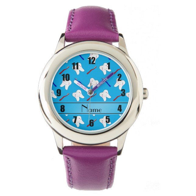 Personalised name blue brushes and tooth pattern watch (Front)
