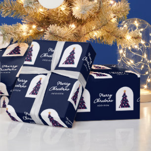 Personalised Name Blue Chequered Christmas Tree Wrapping Paper