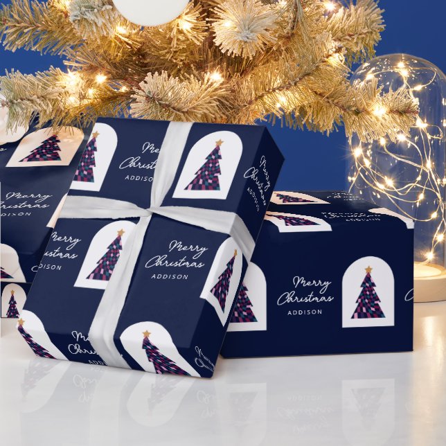 Personalised Name Blue Chequered Christmas Tree Wrapping Paper (Holidays)