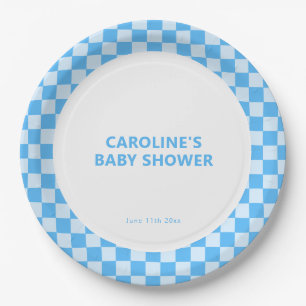 Personalised Name Blue Chequered Retro Baby Shower Paper Plate