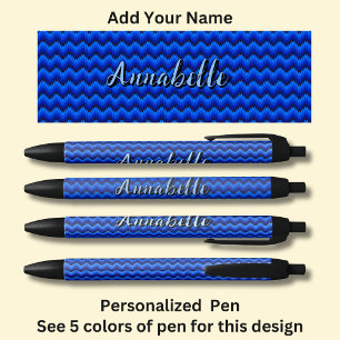 Personalised Name, Blue Chevron Zig Zag  Black Ink Pen