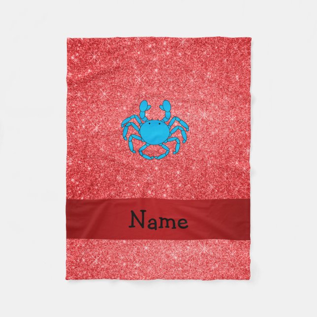 Personalised name blue crab red glitter fleece blanket (Front)