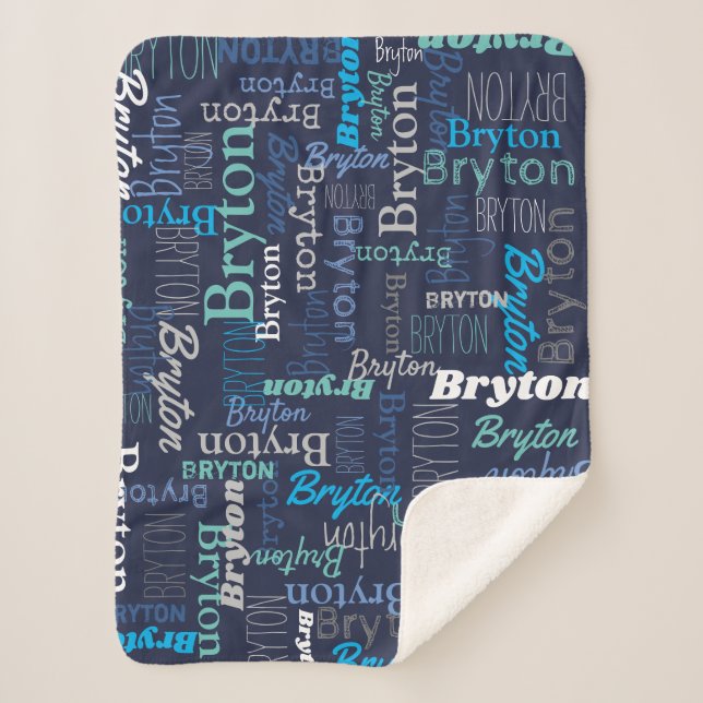 Personalised name blue cyan aqua print all over sherpa blanket (Front)