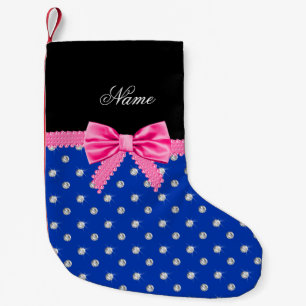 Personalised name blue diamonds pink bling bow small christmas stocking