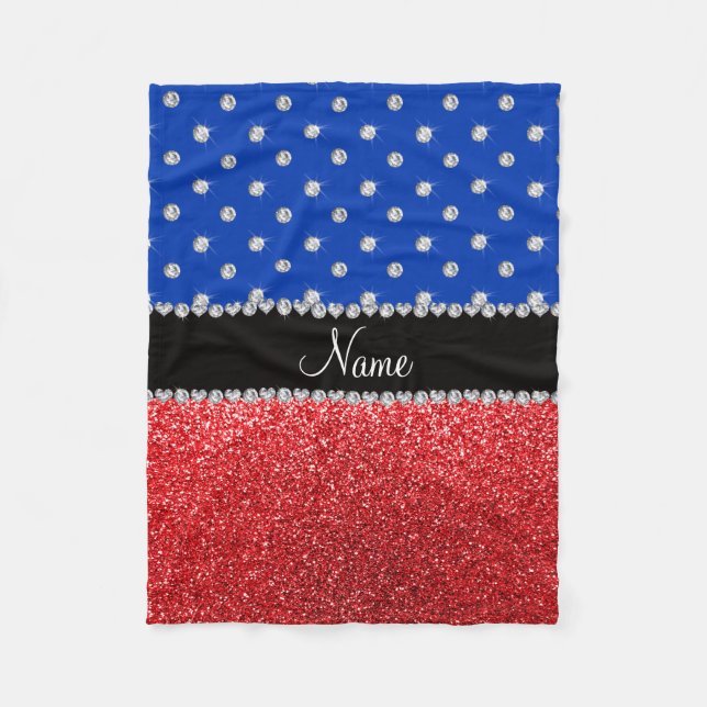 Personalised name blue diamonds red glitter fleece blanket (Front)