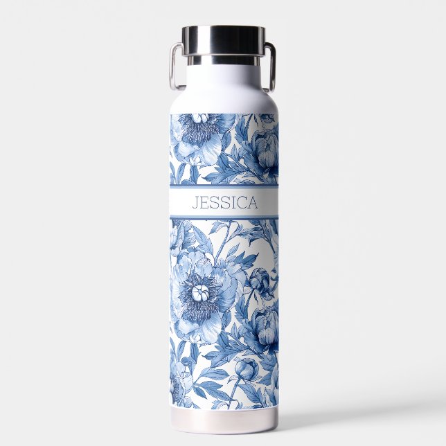 Personalised Name Blue Floral Travel Flower Chic Water Bottle (Front)