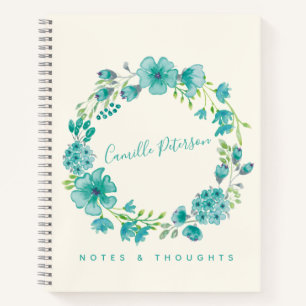 Personalised Name Blue Floral Wreath Stylish Chic Notebook
